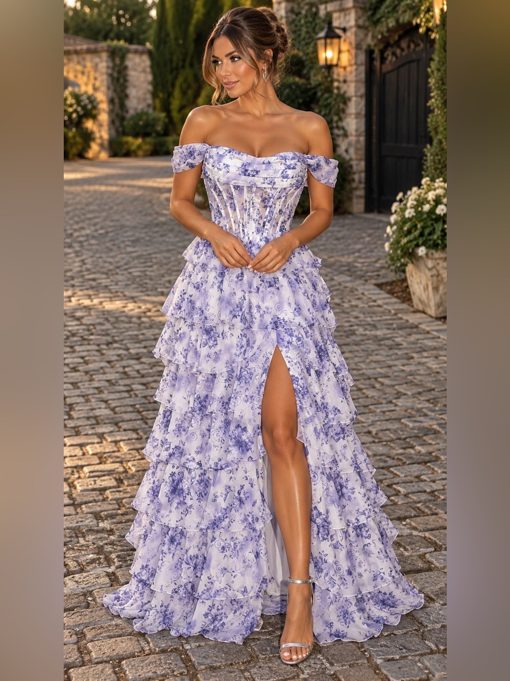 NWT Purple Floral Tiered Corset Lace Up Off Shoulder Prom Formal Dress Size 14